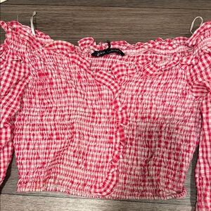 Zara Red Gingham Smocked Off-Shoulder Blouse